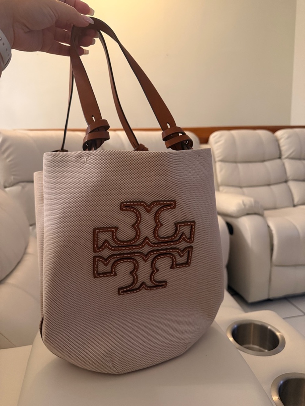 Tory Burch Beige Canvas Tote with Brown Leather Trim